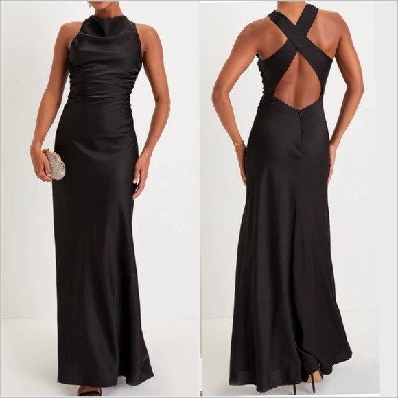Lulus Dresses & Skirts - Lulus Black Elegant Cowl Neck Maxi Dress Gown M Cut Out Back Formal Prom Glam